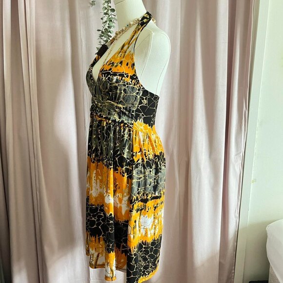 INGEAR 2000s Y2K Black and Yellow Print Halter Neck Sundress - Picture 5 of 8